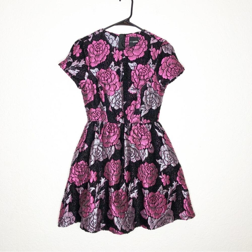 ASOS black pink metallic floral fit flare dress size 0 Petite 0P